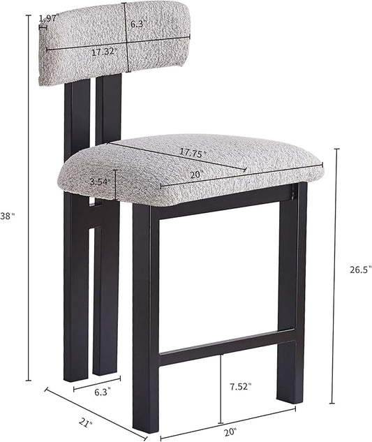 Set of 2 Modern Round Bar Stools with Low Back, 26.5" Height Upholstered Fabric Seats and Black Iron Frame for Kitchen Island, Dining Counter, Home Bar,Black+ Gray