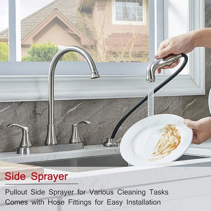 3 Hole or 4 Hole Two Handle Kitchen Faucet with Side Sprayer, Commercial Lead-Free Brushed Nickel Kitchen Sink Faucets for Rv Sinks with High-Arc Spout & Side Sprayer, VADR0004L