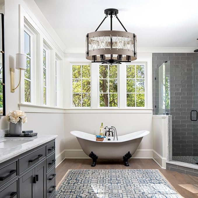 A Million D20'' Farmhouse Chandelier, 6-Light Adjustable Dining Room Light Fixture Kitchen Island Lighting, Rustic Drum Chandelier Hanging Lights for Entryway Foyer Bedroom Living Room