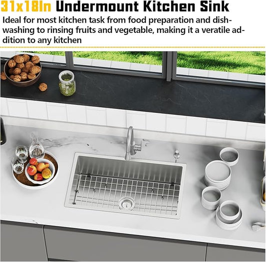 31x18 Inch Stainless Steel Kitchen Sink-Undermount Single Bowl Drop In Kitchen Sink Stylish And Modern Look Come With Bottom Grid,Silicon Mat And Drain Assembly Add Elegance & Enhance Usability
