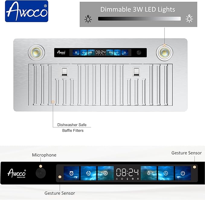 Awoco Range Hood Insert 36 Inch, Built-in Kitchen Hood with 800 CFM, Smart Voice/Gesture/Touch Control, Stainless Steel Stove Hood with Ducted/Ductless Convertible, Charcoal Filter.