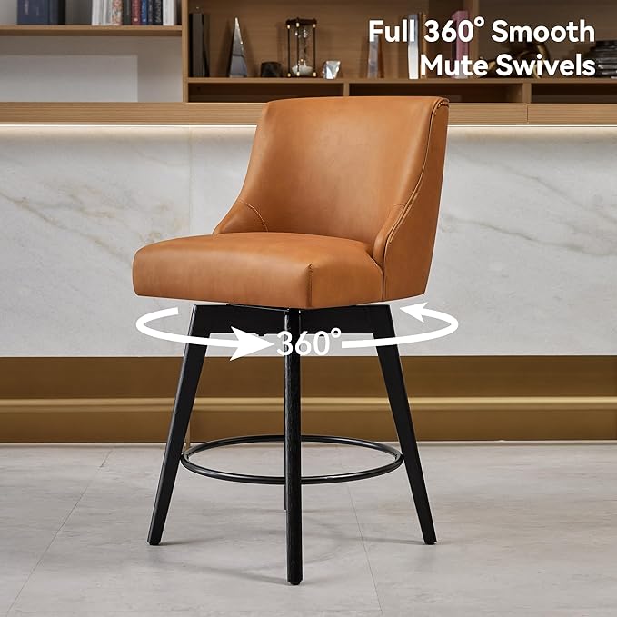 Vipbear Counter Height Bar Stools Set of 2, 26" H Swivel Bar Stools with Backs, PU Leather Upholstered Bar Chairs with Solid Wood Legs for Kitchen Island, Dining Room, Home Bar, Brown