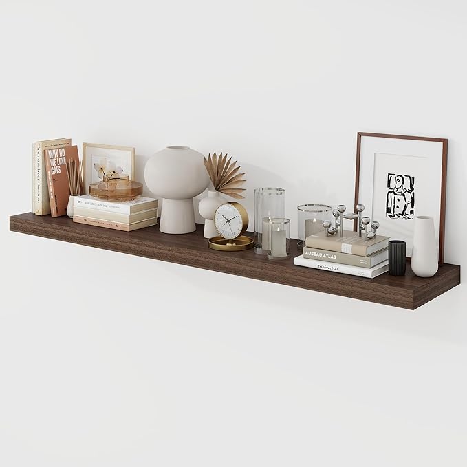 Acovy 48 Inch Floating Shelves, 9.3" Deep Floating Shelf Wall Mounted, 48" Wall Shelves, Rustic Deep Bookshelf, Large Display Shelves & Storage Shelves for Bedroom, Living Room, Walnut, Set of 1