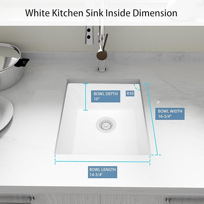 White Bar Sink, White Granite Composite Kitchen Sinks With Accessories, 17 Inch Undermount Quartz Stone Kitchen Sinks, 17" x 19" x 10" Small Kitchen Sink used for RV, Bar, Outdoor and Wet Bar