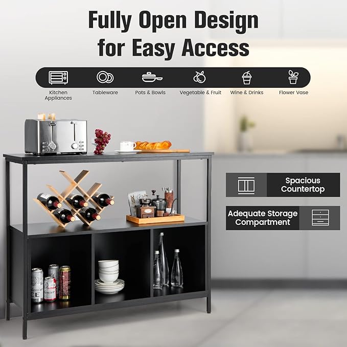LOKO Buffet Cabinet with Open Shelves, Freestanding Kitchen Cabinet with 3-Cube Compartments, Coffee Bar Credenza Sideboard, 43.5 x 17 x 35 inches (Black)