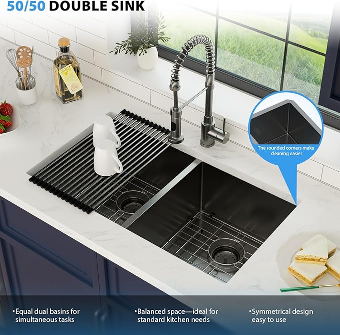 33 Inch Gunmetal Black Undermount Double Bowl Kitchen Sink 16 Gague Stainless Steel Double Handmade Sinks 50/50 Large Deep Double Bowl Sinks 33"x19"x10"