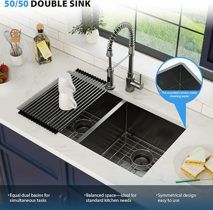 33 Inch Gunmetal Black Undermount Double Bowl Kitchen Sink 16 Gague Stainless Steel Double Handmade Sinks 50/50 Large Deep Double Bowl Sinks 33"x19"x10"