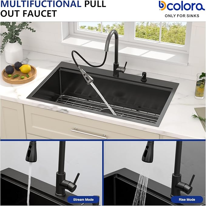 Dcolora 36 Inch Black Kitchen Sink,Drop In Kitchen Sink With Faucet Topmount Large Stainless Steel Workstation Single Bowl Nano Coating Surface Gunmetal Black, DC-SFDOE00006