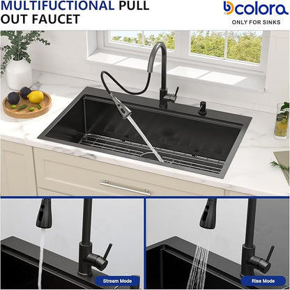Dcolora 36 Inch Black Kitchen Sink,Drop In Kitchen Sink With Faucet Topmount Large Stainless Steel Workstation Single Bowl Nano Coating Surface Gunmetal Black, DC-SFDOE00006