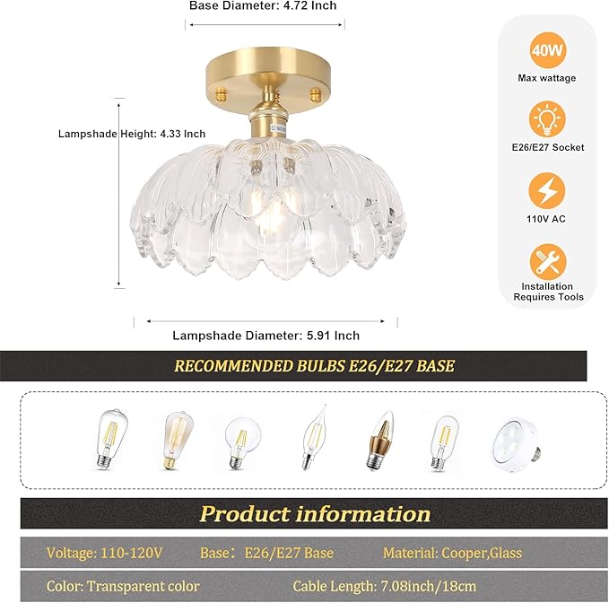 Shenmoyl Semi Flush Mount Gold Hallway Lights Fixture with Clear Scindapsus Glass, Bulb Included, 4.72" Base Vintage Ceiling Light for Porch, Kitchen, Bedroom