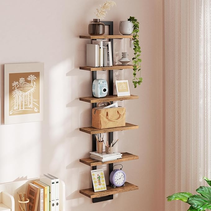 HOOBRO Floating Shelves, Set of 2 Wall Shelves, 3-Tier Wall Mounted Storage Shelves, Hanging Bathroom Shelves, for Living Room, Bedroom, Bathroom, Kitchen, Rustic Brown and Black BF31BJP201