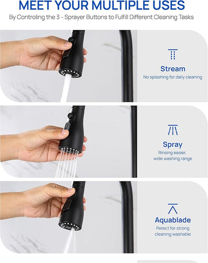 Metal Kitchen Faucet Head Replacement – 3 Mode Kitchen Sink Sprayer Replacement with 15 Nozzle Adapters, Durable Pull Down Spray Head for Kitchen Sink (Stream/Spray/Blade),Stainless Steel, Matte Black