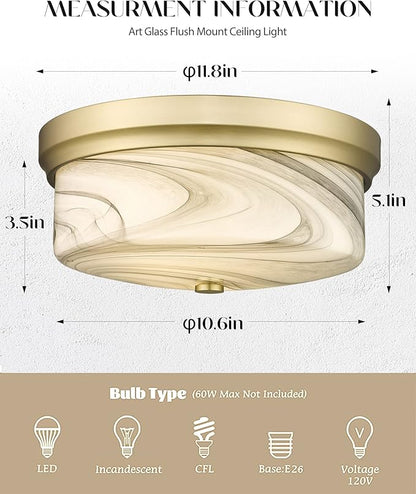 Flush Mount Ceiling Light, 12inch Close to Ceiling Light Fixture, Metal Gold Finish with Handmade Grey Marble Glass Art Shade for Living Bedroom Room Hallway Kitchen