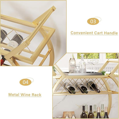 LVB Gold Bar Cart with Glass, Bar Cart with Wheels, Wine Cart with 2 Tier Storage Glass Shelves Home Bar Serving Cart with Wine Rack, Liquor Cart for Kitchen, Bar, Dinning Room