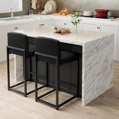 GarveeHome Bar Stools Set of 2, Modern Counter Height Bar Stools with Back and Footrest, Faux Leather Upholstered Barstools Chairs for Kitchen Island Dining Room Bar, Black