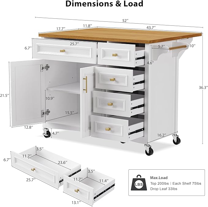 Kitchen Island with Drop Leaf, Embossed Texture Kitchen Island on Wheels with Spice Rack,Towel Rack, 2 Doors and 5 Drawers, Kitchen Storage Cart with Adjustable Shelf for Kitchen (White@093)