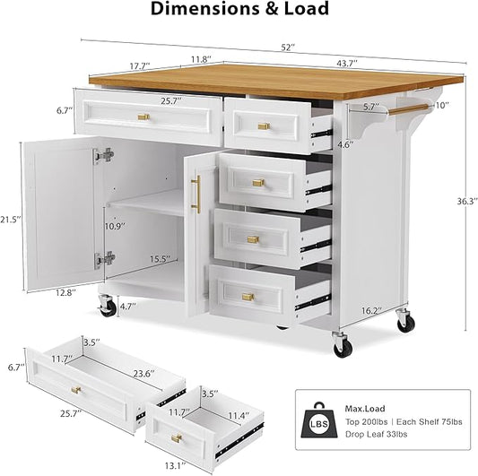 Kitchen Island with Drop Leaf, Embossed Texture Kitchen Island on Wheels with Spice Rack,Towel Rack, 2 Doors and 5 Drawers, Kitchen Storage Cart with Adjustable Shelf for Kitchen (White@093)