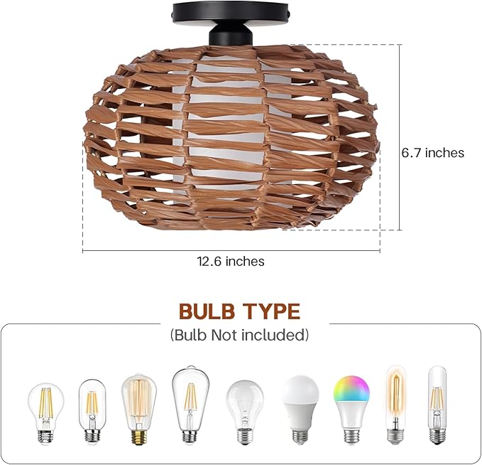 CALOKES Boho Semi Flush Mount Ceiling Light, Rattan Style Hand Woven Shade, Farmhouse Ceiling Fixture for Bedroom, Kitchen, Hallway, Entryway