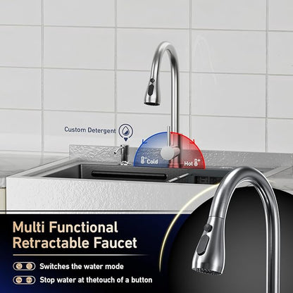 26" Freestanding Stainless Steel Utility Sink with Cabinet, Heavy-Duty Commercial Sink with Retractable Cold and Hot Water Faucet, Single-Bowl Kitchen Sink for Workshop, Garage, Laundry Room