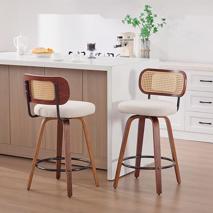 Modern Dining Chair Mid-Century Swivel Counter Height Bar Stools with Upholstered Seat, Sturdy Stable Walnut Craftsmanship for Kitchen Island Dining Room Furniture,Beige-Foam-setof2