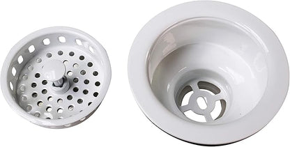 Westbrass A2165-50 4-1/4" OD Post Style Large Kitchen Basket Strainer with Waste Disposal Flange and Stopper Drain Set, Powder Coat White