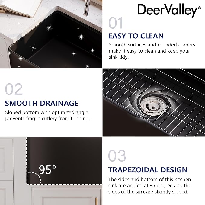 DeerValley Black Farmhouse Sink for Kitchen 30 inch, Fireclay Single Bowl Front Apron Workstation Kitchen Sink with Grid, Strainer & Workstation Accessories