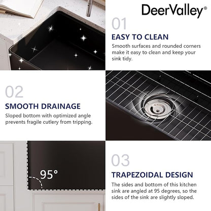 DeerValley Black Farmhouse Sink for Kitchen 30 inch, Fireclay Single Bowl Front Apron Workstation Kitchen Sink with Grid, Strainer & Workstation Accessories
