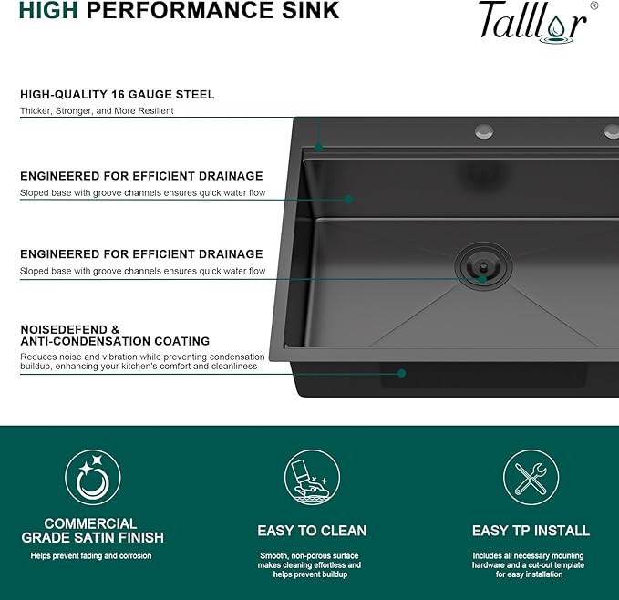 30 Inch Drop In Kitchen Sink with Faucet Combo - 30"x22" Workstation All-In One Gunmetal Black NANO-PVD 16 Gauge Stainless Steel Topmount Single Bowl Sink For Kitchen with Faucet #TLT-0023