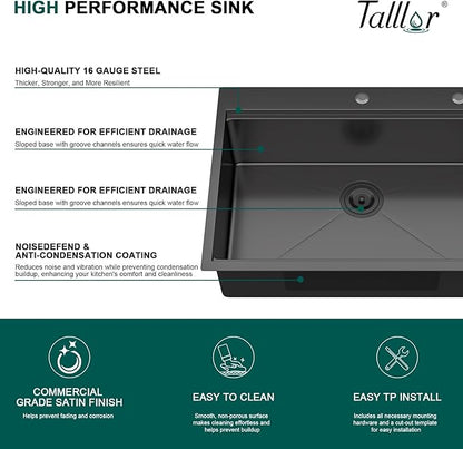 30 Inch Drop In Kitchen Sink with Faucet Combo - 30"x22" Workstation All-In One Gunmetal Black NANO-PVD 16 Gauge Stainless Steel Topmount Single Bowl Sink For Kitchen with Faucet #TLT-0023