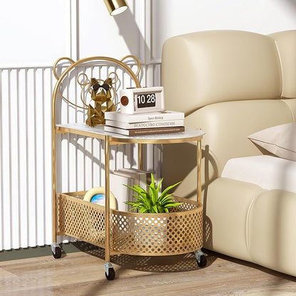 Giantex 2-Tier Modern Bear Pattern Coffee Table, Golden/White Lacquered Finish, Tempered Glass Top, Storage Basket, Wheels