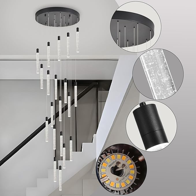 20-Lights Bubble Chandelier for Entryway High Ceiling-157 Height Adjustable Crystal Chandelier,3 Color Temperature Dimmable LED Pendant Light Fixture for Foyer Living Room Staircase,Matte Black