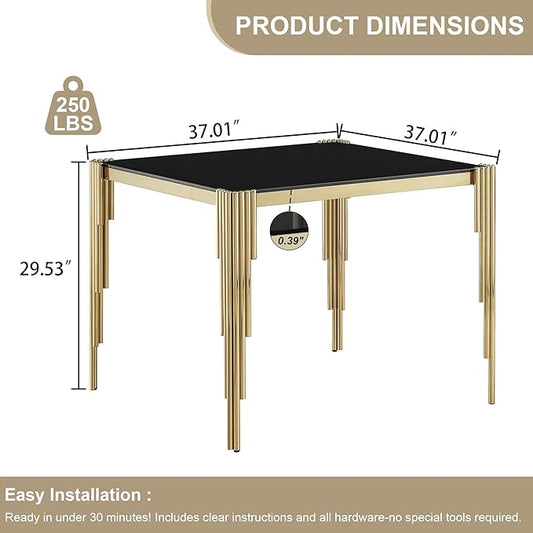 Modern Square Glass Dining Table for 4 People, Compact 37" Black Tempered Glass Desktop with Gold Mirrored Stainless Steel Legs for Small Spaces, Perfect for Apartments