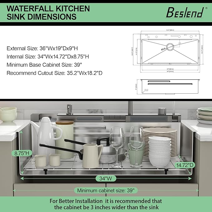 36 Inch Waterfall Kitchen Sink - Beslend 36x19 Drop In Waterfall Sink Stainless Steel Workstation Modern Smart Sinks 16 Gauge Single Bowl with Faucet Combo, Digital Display and Fancy Ambient Light BSL