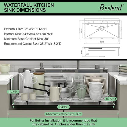 36 Inch Waterfall Kitchen Sink - Beslend 36x19 Drop In Waterfall Sink Stainless Steel Workstation Modern Smart Sinks 16 Gauge Single Bowl with Faucet Combo, Digital Display and Fancy Ambient Light BSL