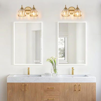 Vintage Bathroom Light Fixtures, Brass Vanity Lights with Amber Tulip Glass Shade, Vanity Sconces for Bathroom Bedroom Living Room Hallway, 2-Light