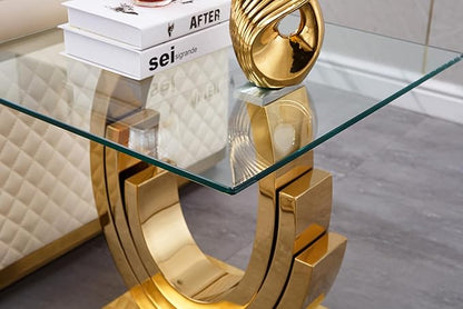 Modern Glass End Table, 22.8" Sofa Side Table with Gold Stainless Steel Frame and Clear Glass Top, Cocktail Tea Table, Square End Table Bedside Table Nightstand for Home Office