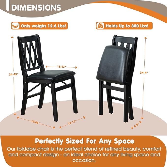 East West Furniture - PNC-BLK-49, A Plano Folding Solid Wood Dinner Chairs with PU Leather Seat, 3-X Back Design, Set of 2, Fully Assembled, Black Wood Finish
