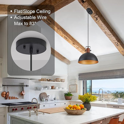 12 Inch Black Pendant Lights Hammered Matte Pendant Lights for Kitchen Island Industrial Farmhouse Adjustable Height Dome Hanging Light Fixtures for Barn, Dining Room 1 Pack