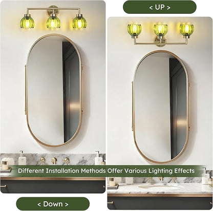Generies Green Glass Vanity Light, Vintage 3-Light Bathroom Vanity Light Fixture Over Mirror, Art Deco Wall Sconce Lighting for Bathroom, Bedroom, Hallway, Brushed Gold