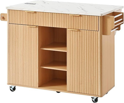 Modern Dining Table Kitchen Island with Drop, Power Outlet, Cart with Shelves, 2 Doors 2 Drawers, Rolling Table for Kitchen Living Room,Natural-MDF