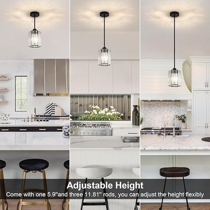 Crystal Pendant Lights Kitchen Island, 2 Pack Modern Black Kitchen Pendant Light Fixtures, Small Hexagonal Crystal Hanging Lights for Kitchen Island, Dining Room, Hallway, Foyer, Entryways