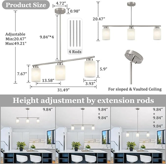 3-Light Kitchen Island Lighting Brushed Nickel Dining Room Light Fixture with Milk Glass Shade 31" Modern Linear Chandelier Adjustable Hanging Pendant Lighting Over Island Dining Table Living Room，E26
