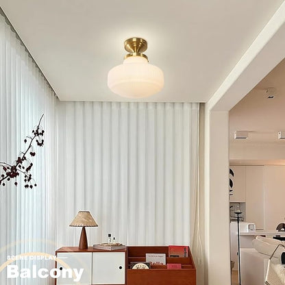 Milk White Glass Flush Mount Ceiling Light Fixture, Mid Century Modern Farmhouse Close to Ceiling Lamp for Bedroom Kitchen Hallway Laundry, Gold Ceiling Lighting