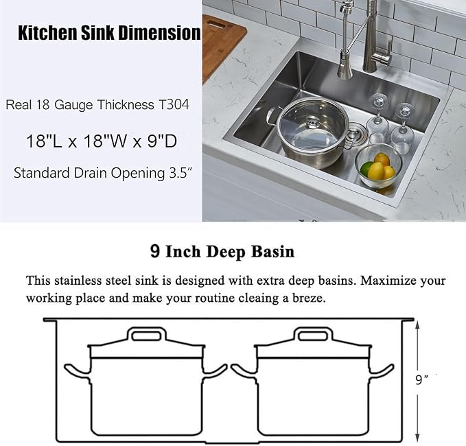 SHACO 18x18 Inch Drop In Black Bar Sink, 18 Inch Gunmetal Black Top Small Mount Kitchen Sink, 304 Stainless Steel 16 Gauge Single Bowl Laundry Prep RV Sink with Strainer Drain