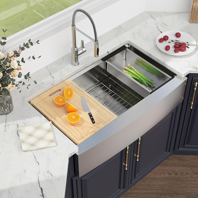 Kichae 36 Inch Farmhouse Kitchen Sink Ledge Workstation Apron Front Farmer Sink Stainless Steel Single Bowl Handmade Modern Farm Style with Accessories