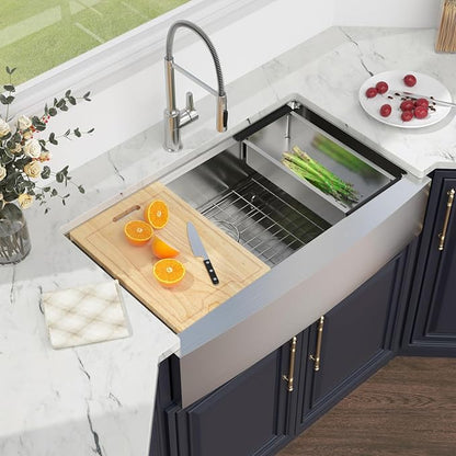 Kichae 36 Inch Farmhouse Kitchen Sink Ledge Workstation Apron Front Farmer Sink Stainless Steel Single Bowl Handmade Modern Farm Style with Accessories