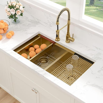 Sarlai 33 Inch Gold Undermount Kitchen Sink Double Bowl 33 x 19 Inch Low Divided Gold Workstation Double Kitchen Sink Stainless Steel 16 Gauge 50/50 Sinks Basin
