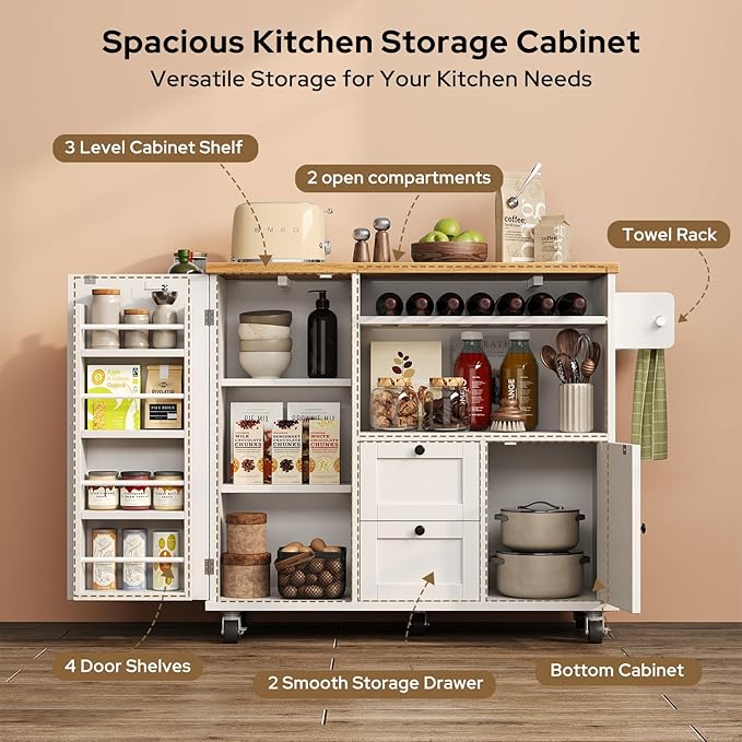 knoworld Rolling Kitchen Island with Storage Cabinet, 41.3'' Width Kitchen Cart with Desktop Drop Leaf Countertop, Portable Mobile Island with Towel Rack, Spice Rack Shelf, White