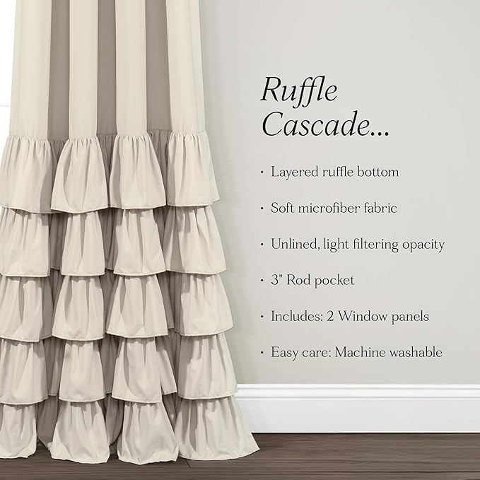 Lush Decor Allison Ruffle Light Filtering Window Curtain Panels Pair 40" W x 84" L Neutral - Coquette Curtains for Bedroom - Drapes - Ruffle Curtains Kids