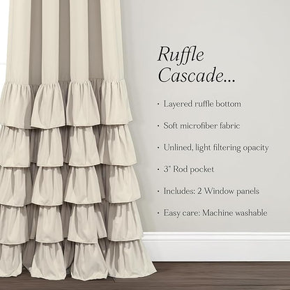 Lush Decor Allison Ruffle Light Filtering Window Curtain Panels Pair 40" W x 84" L Neutral - Coquette Curtains for Bedroom - Drapes - Ruffle Curtains Kids